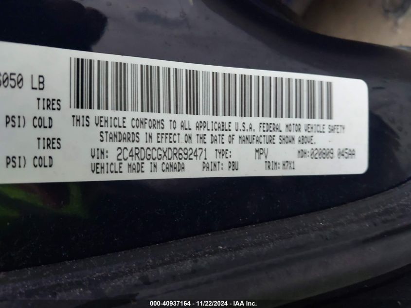 2013 Dodge Grand Caravan Sxt VIN: 2C4RDGCGXDR692471 Lot: 40937164