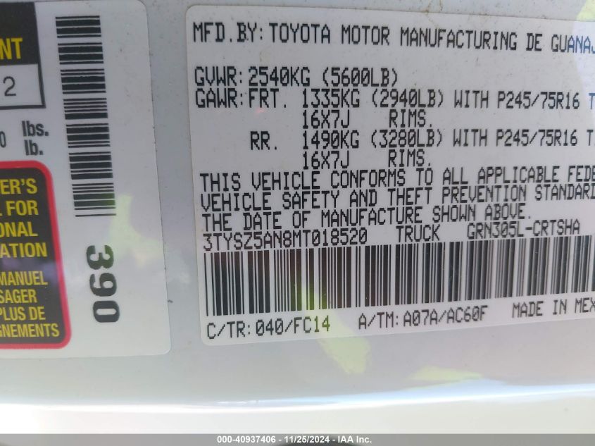 2021 Toyota Tacoma Sr5 V6 VIN: 3TYSZ5AN4MT018823 Lot: 40937406