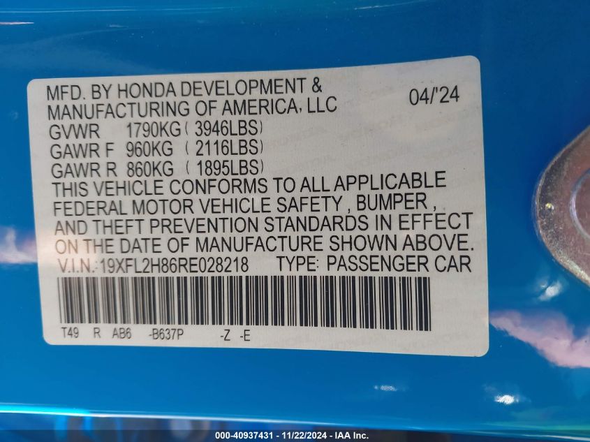 2024 Honda Civic Sport VIN: 19XFL2H86RE028218 Lot: 40937431