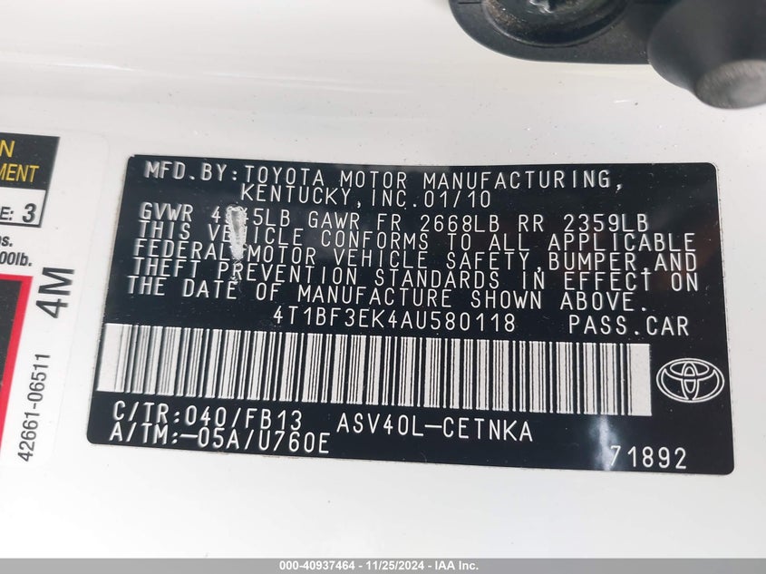 2010 Toyota Camry Le VIN: 4T1BF3EK4AU580118 Lot: 40937464