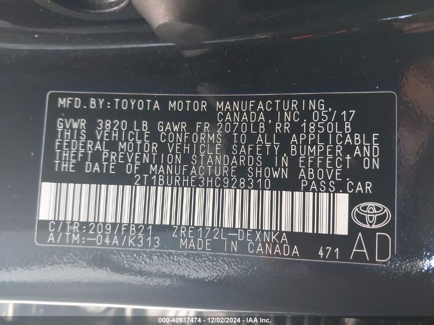 2017 TOYOTA COROLLA LE - 2T1BURHE3HC928310