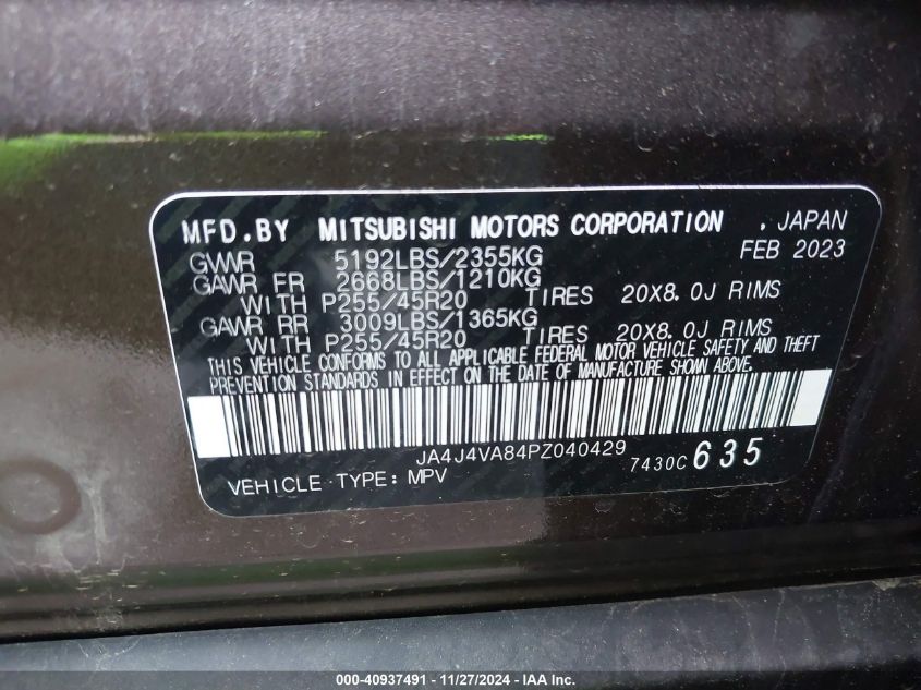 2023 Mitsubishi Outlander Sel 2.5 VIN: JA4J4VA84PZ040429 Lot: 40937491