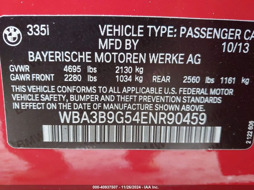 VIN WBA3B9G54ENR90459 2014 BMW 3 Series, 335I Xdrive no.9