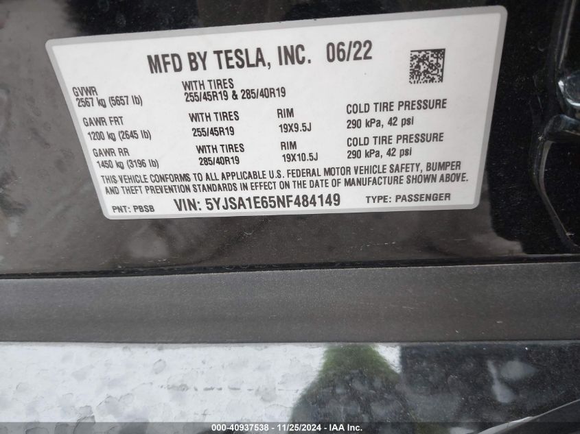 2022 Tesla Model S Plaid Tri Motor All-Wheel Drive VIN: 5YJSA1E65NF484149 Lot: 40937538