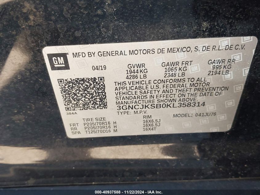 VIN 3GNCJKSB0KL358314 2019 Chevrolet Trax, LS no.9