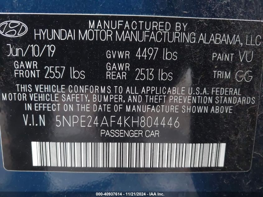 VIN 5NPE24AF4KH804446 2019 Hyundai Sonata, SE no.9