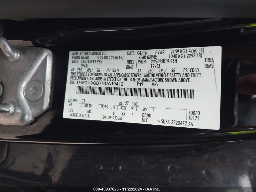 VIN 1FMCU9GD7HUA10412 2017 FORD ESCAPE no.9