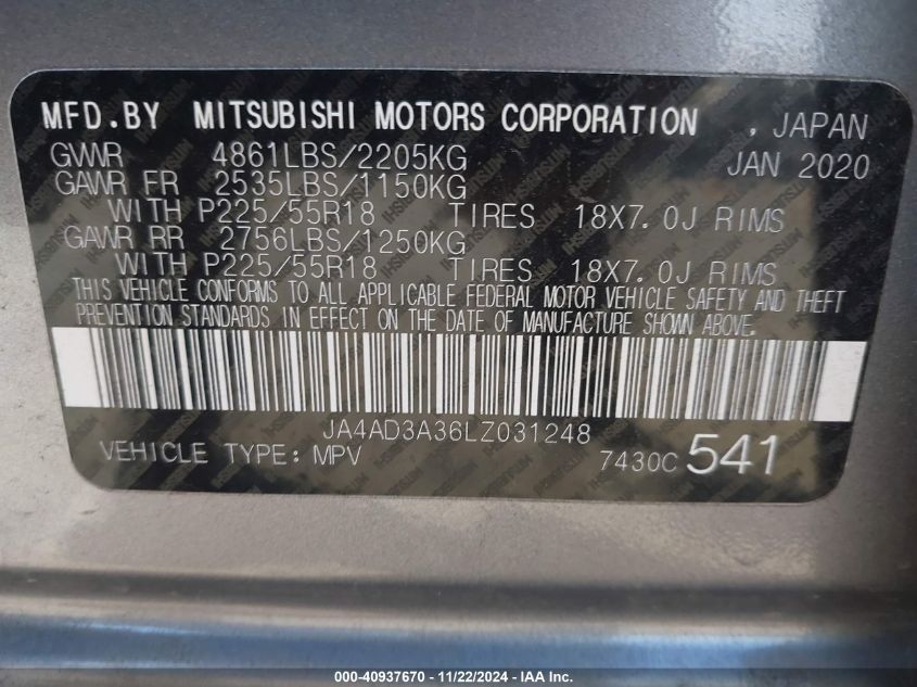 VIN JA4AD3A36LZ031248 2020 Mitsubishi Outlander, Le... no.9