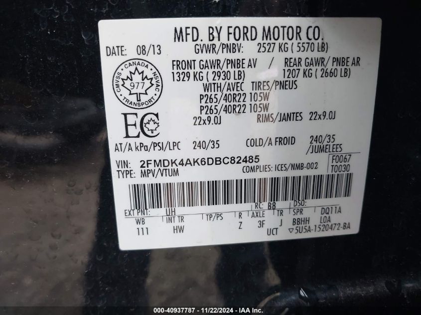 VIN 2FMDK4AK6DBC82485 2013 FORD EDGE no.9