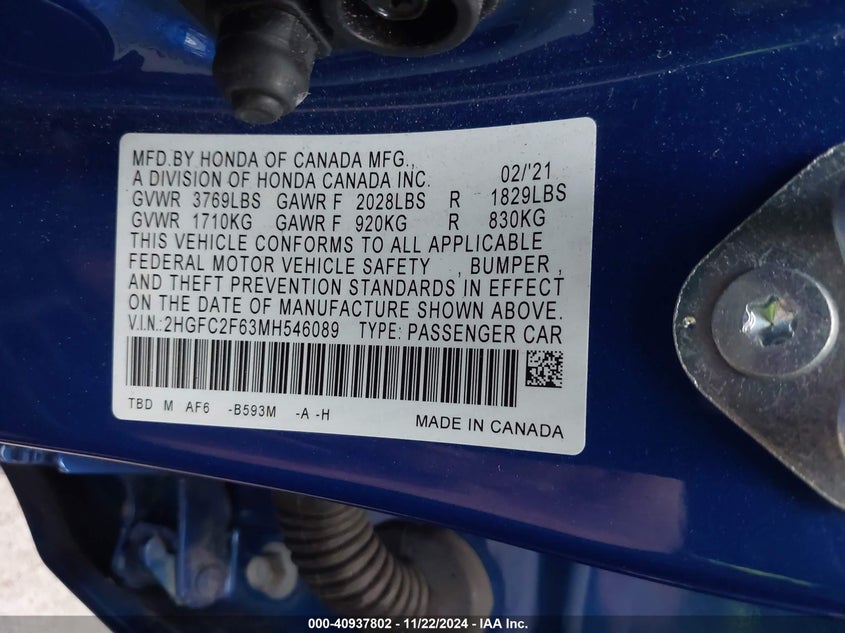 2021 HONDA CIVIC 2.0L I-4 DOHC, VVT, (VIN: 2HGFC2F63MH546089