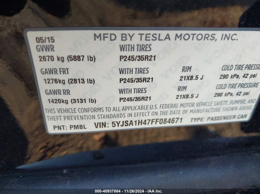 2015 Tesla Model S 85D/P85D VIN: 5YJSA1H47FF084671 Lot: 40937884