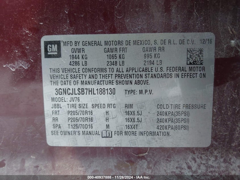 2017 CHEVROLET TRAX LT - 3GNCJLSB7HL188130