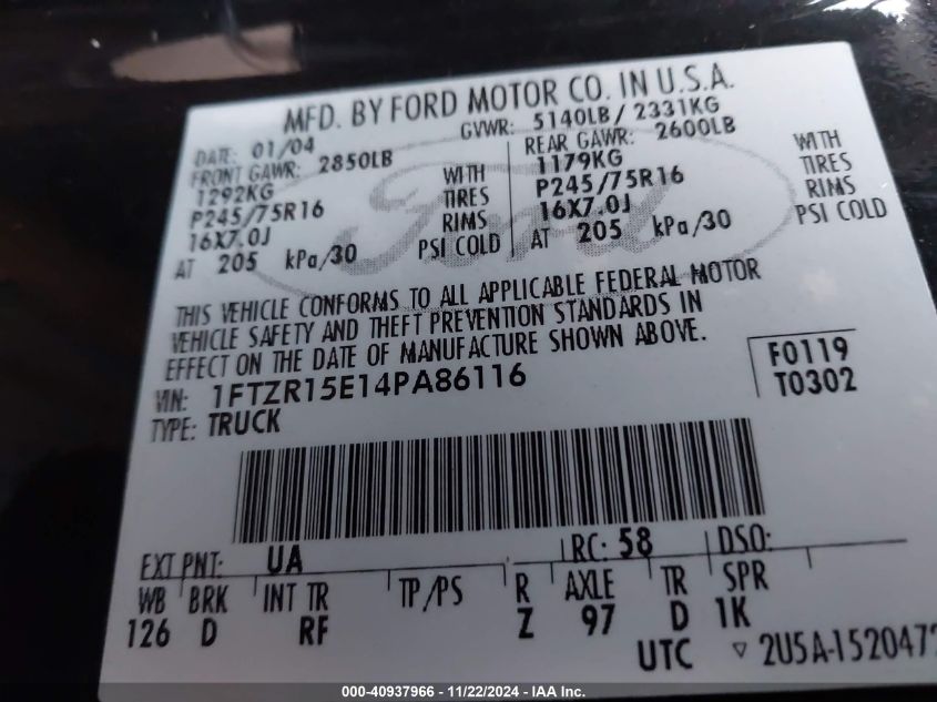 2004 Ford Ranger Xlt VIN: 1FTVR15E14PA86116 Lot: 40937966