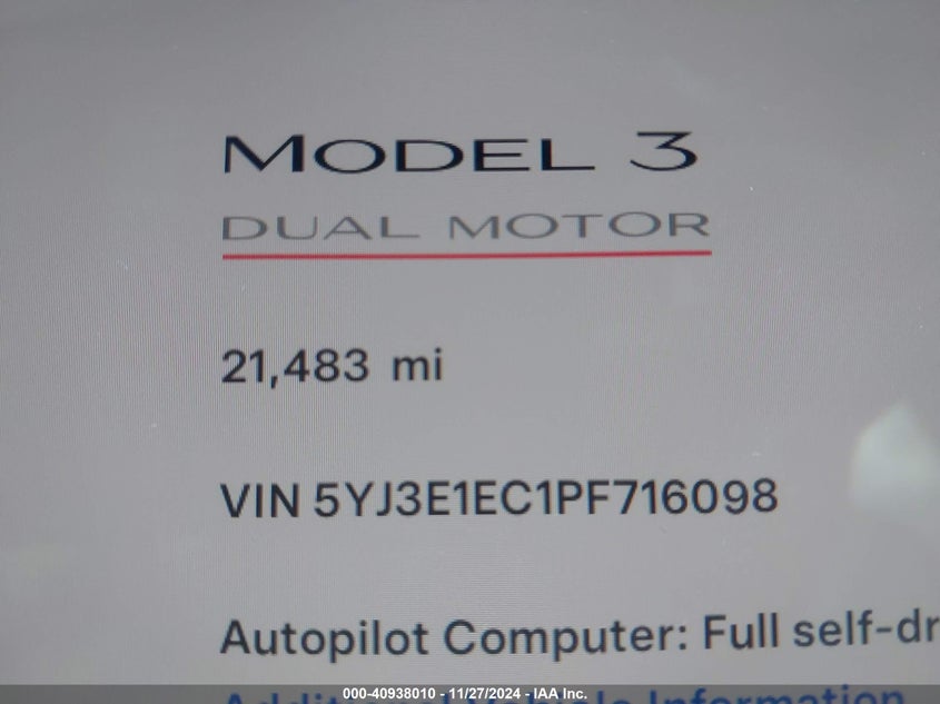2023 TESLA MODEL 3 VIN: 5YJ3E1EC1PF716098