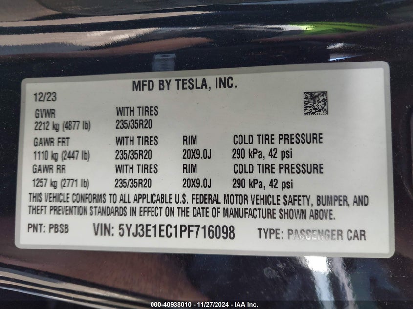 2023 TESLA MODEL 3 VIN: 5YJ3E1EC1PF716098