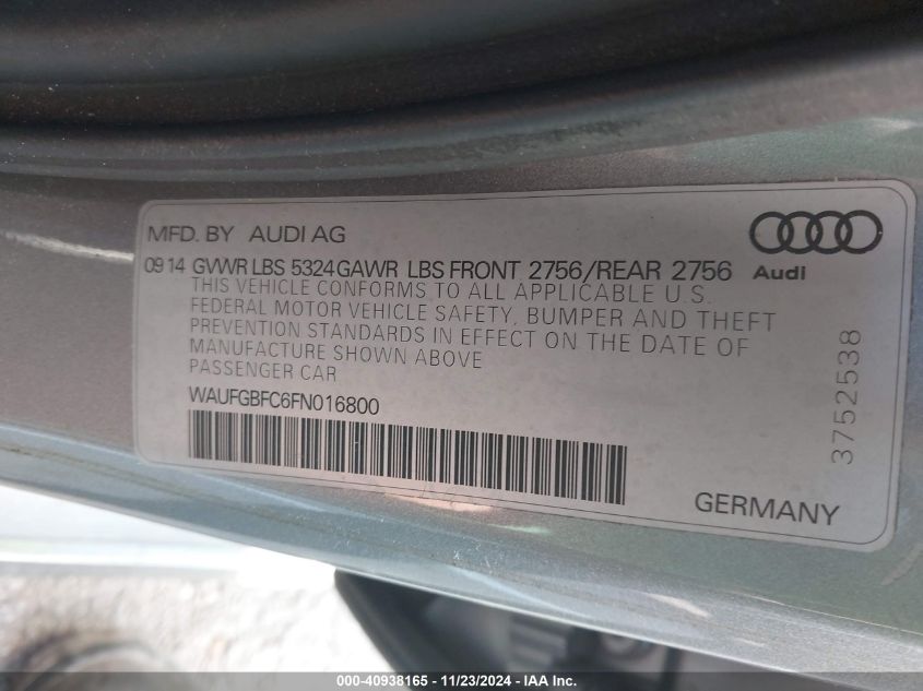 2015 Audi A6 3.0T Premium Plus VIN: WAUFGBFC6FN016800 Lot: 40938165