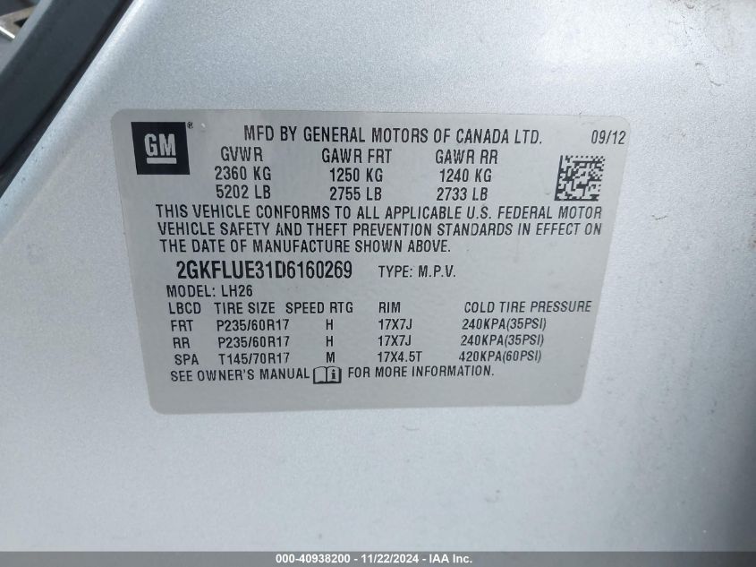 2013 GMC Terrain Slt-1 VIN: 2GKFLUE31D6160269 Lot: 40938200