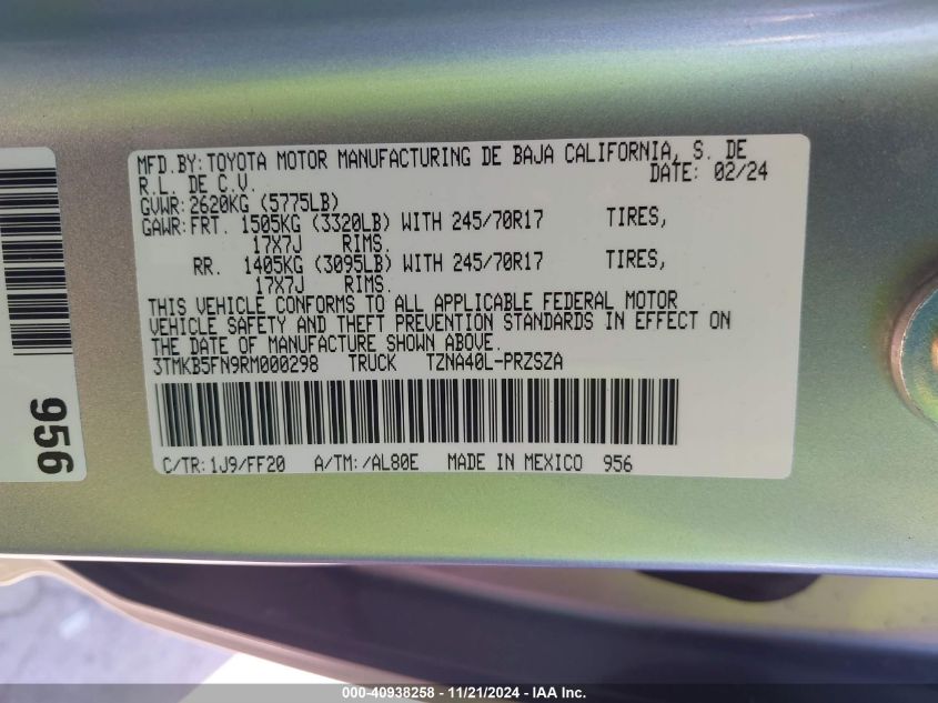 2024 Toyota Tacoma Sr5 VIN: 3TMKB5FN9RM000298 Lot: 40938258