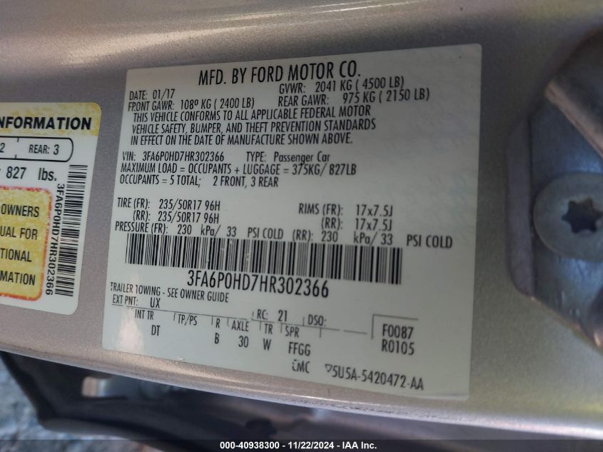 2017 FORD FUSION VIN: 3FA6P0HD7HR302366