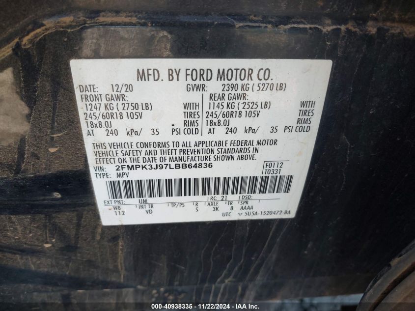 2020 Ford Edge Sel VIN: 2FMPK3J97LBB64836 Lot: 40938335