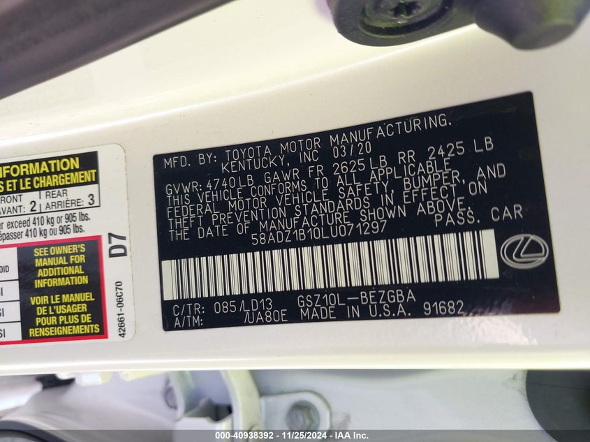 2020 LEXUS ES 350 - 58ADZ1B10LU071297