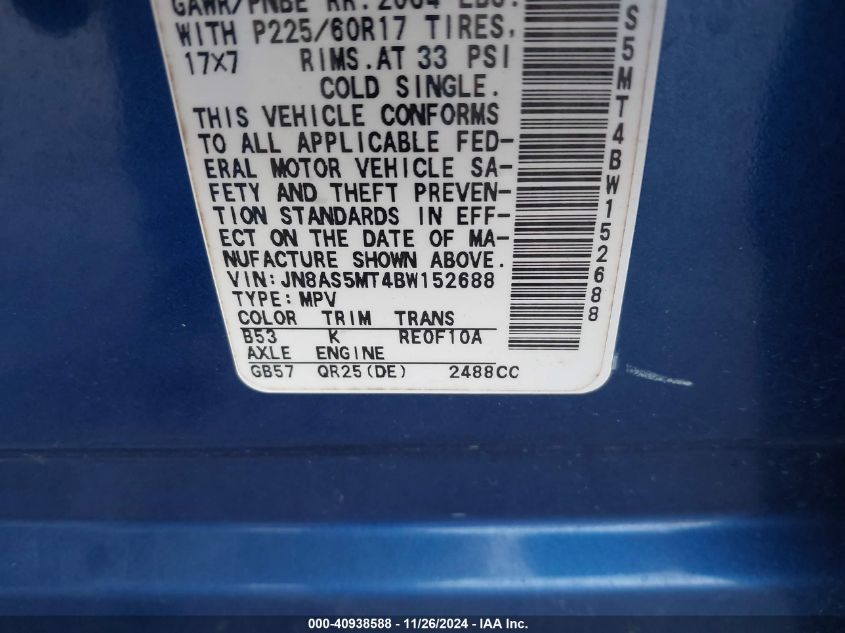 2011 Nissan Rogue Sv VIN: JN8AS5MT4BW152688 Lot: 40938588