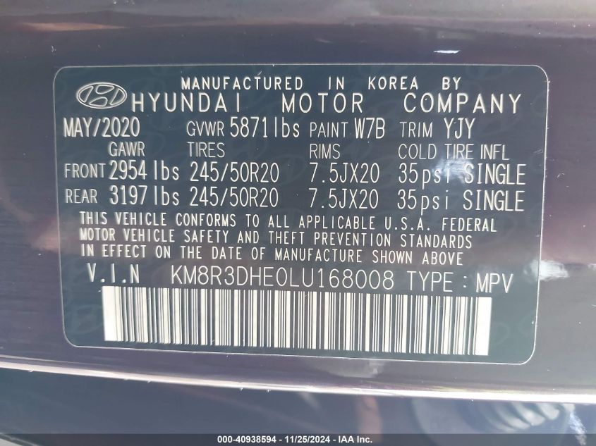 2020 Hyundai Palisade Sel VIN: KM8R3DHE0LU168008 Lot: 40938594