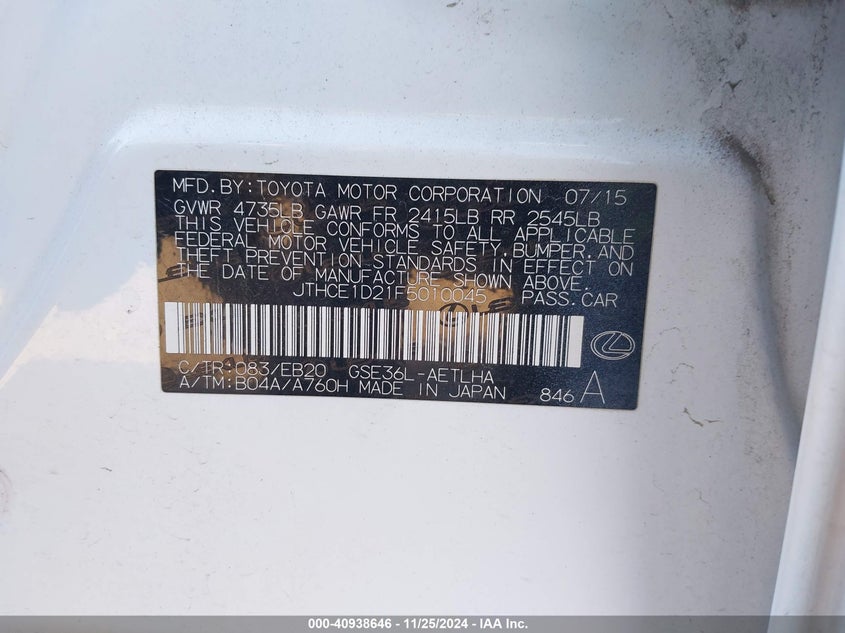 2015 LEXUS IS 350 - JTHCE1D21F5010045