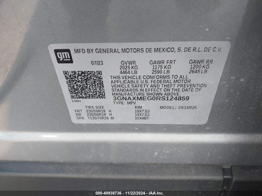 2024 Chevrolet Equinox Fwd Rs VIN: 3GNAXMEG0RS124859 Lot: 40938736