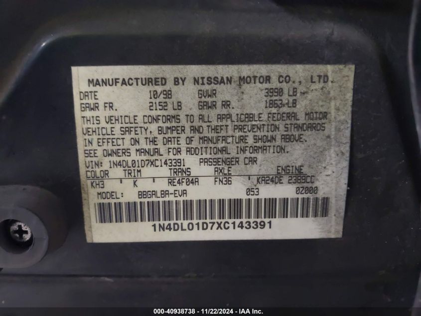 1999 Nissan Altima Gle/Gxe/Se/Se-L/Xe VIN: 1N4DL01D7XC143391 Lot: 40938738