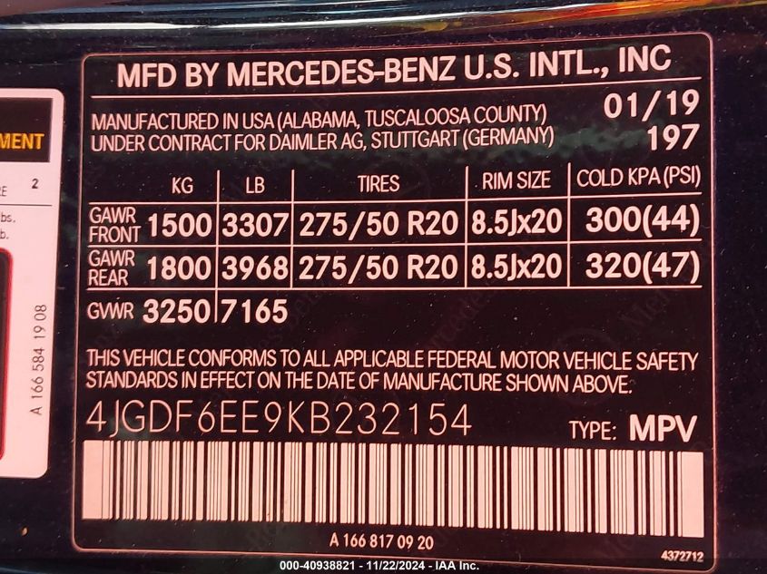 2019 Mercedes-Benz Gls 450 4Matic VIN: 4JGDF6EE9KB232154 Lot: 40938821