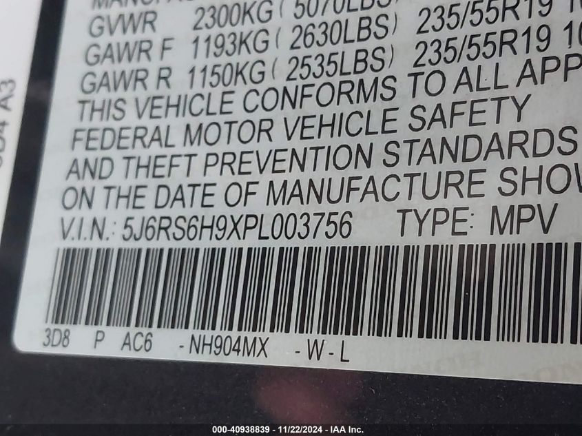 VIN 5J6RS6H9XPL003756 2023 HONDA CR-V no.9