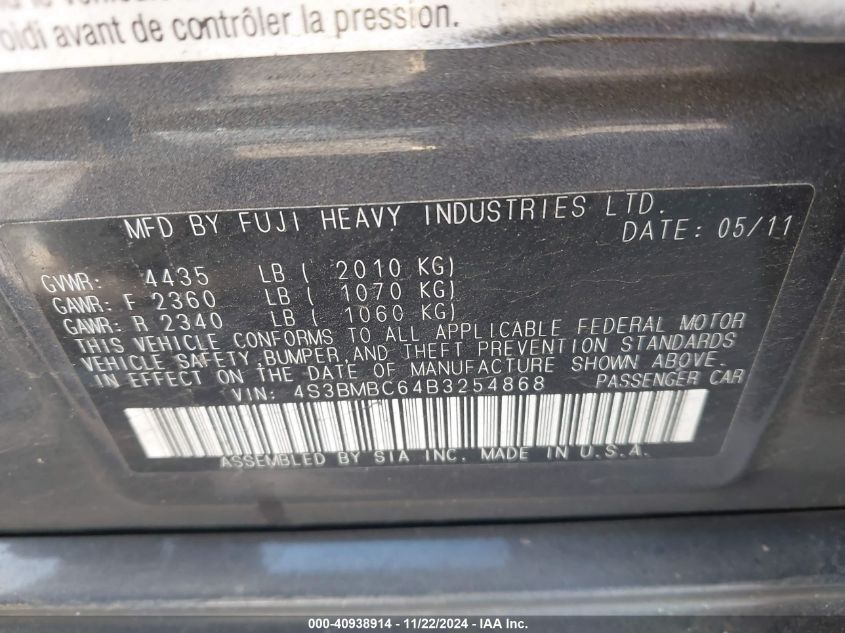 2011 Subaru Legacy 2.5I Premium VIN: 4S3BMBC64B3254868 Lot: 40938914