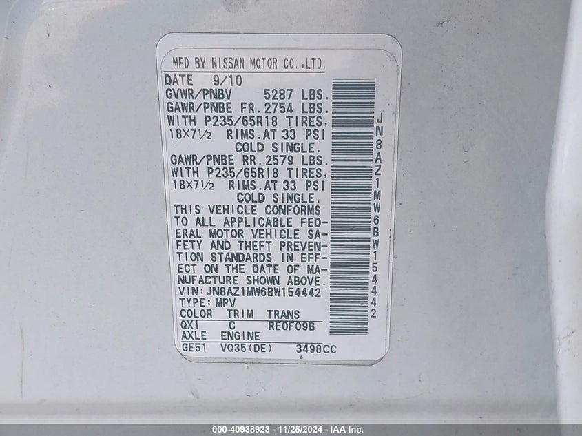 2011 Nissan Murano Sl VIN: JN8AZ1MW6BW154442 Lot: 40938923