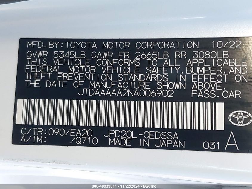 2022 Toyota Mirai Xle VIN: JTDAAAAA2NA006902 Lot: 40939011