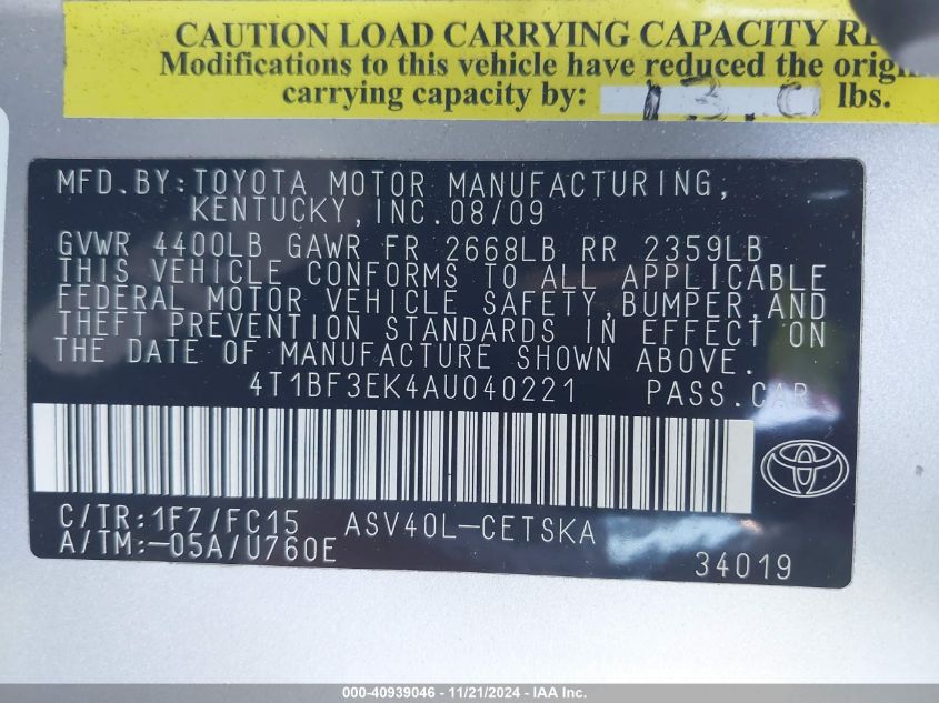 2010 Toyota Camry Se VIN: 4T1BF3EK4AU040221 Lot: 40939046