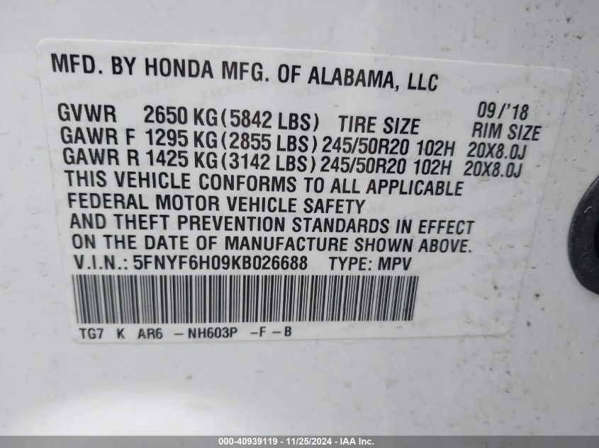 VIN 5FNYF6H09KB026688 2019 HONDA PILOT no.9