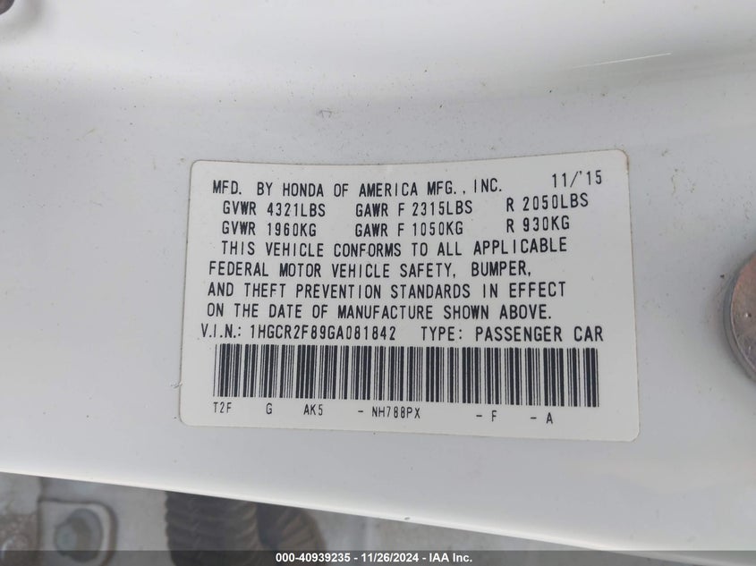 2016 HONDA ACCORD VIN: 1HGCR2F89GA081842