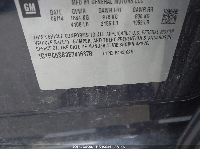 VIN 1G1PC5SB0E7416378 2014 Chevrolet Cruze, 1Lt Auto no.9