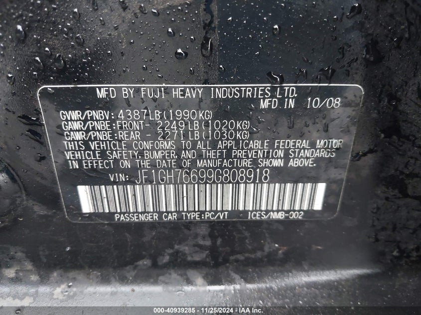 2009 SUBARU IMPREZA VIN: JF1GH76699G808918