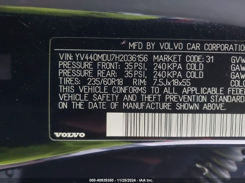 VIN YV440MDU7H2036156 2017 Volvo XC60, T5 Inscription no.9