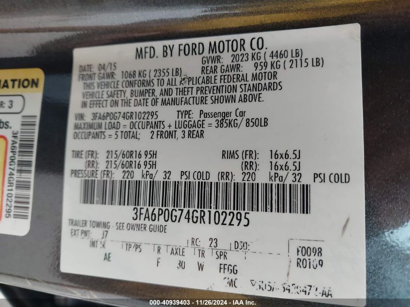 VIN 3FA6P0G74GR102295 2016 Ford Fusion, S no.9