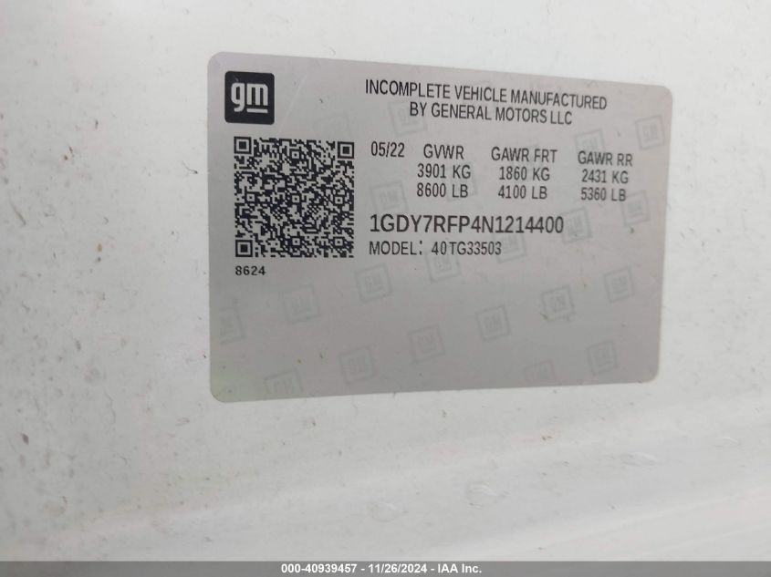 2022 GMC Savana Cutaway Work Van VIN: 1GDY7RFP4N1214400 Lot: 40939457