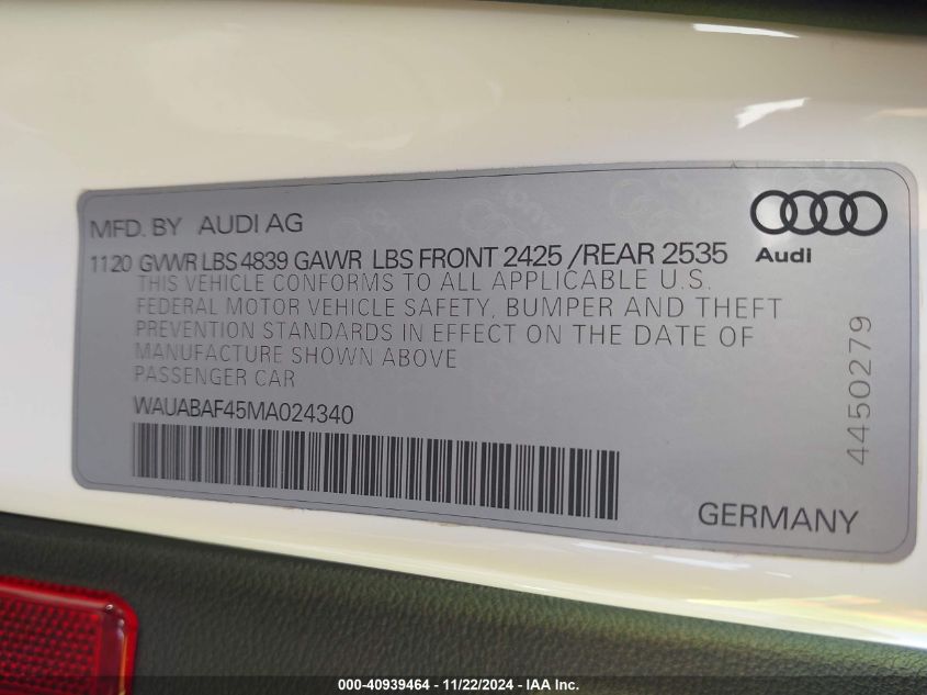 VIN WAUABAF45MA024340 2021 Audi A4, Premium 40 Tfsi... no.9