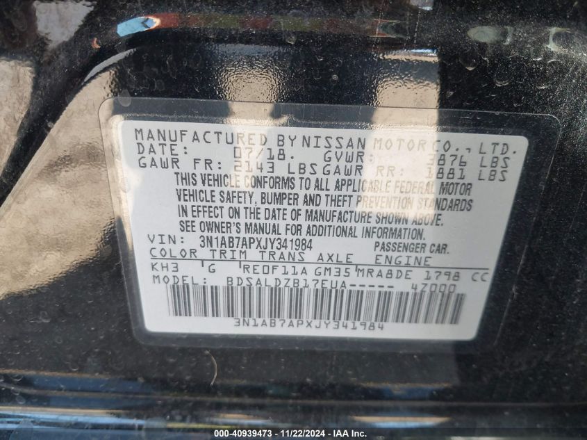 2018 NISSAN SENTRA VIN: 3N1AB7APXJY341984