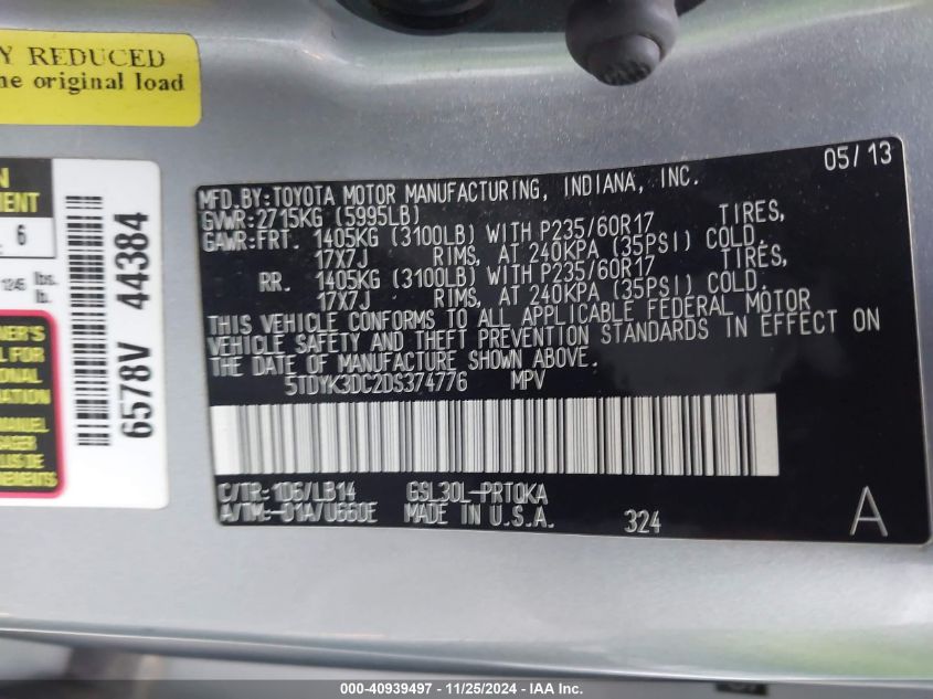 VIN 5TDYK3DC2DS374776 2013 Toyota Sienna, Xle V6 8... no.9