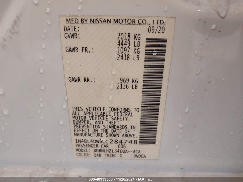 2020 NISSAN ALTIMA VIN: 1N4BL4DW6LC284748