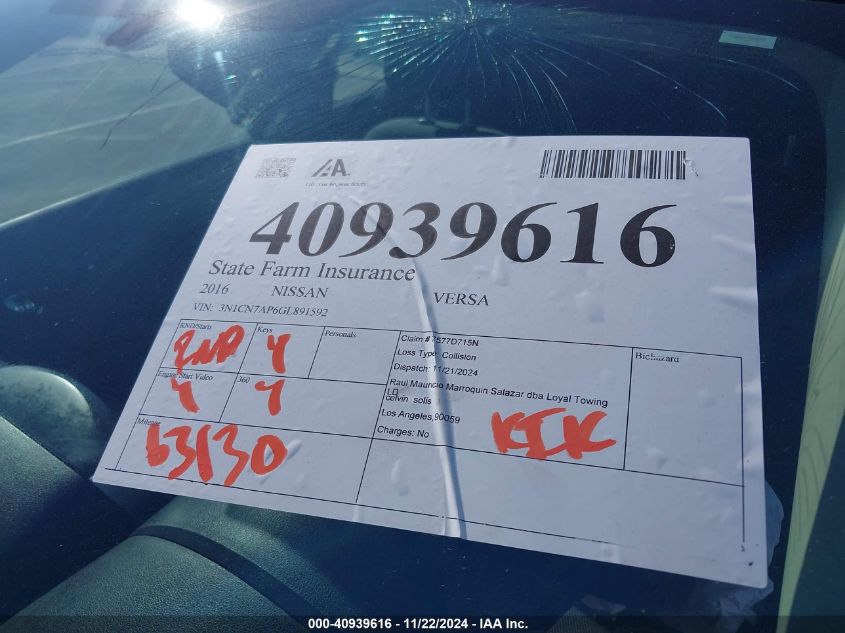 2016 NISSAN VERSA S/S PLUS/SV/SL - 3N1CN7AP6GL891592
