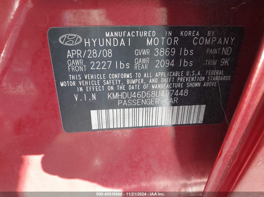 2008 Hyundai Elantra Gls/Se VIN: KMHDU46D68U497448 Lot: 40939660