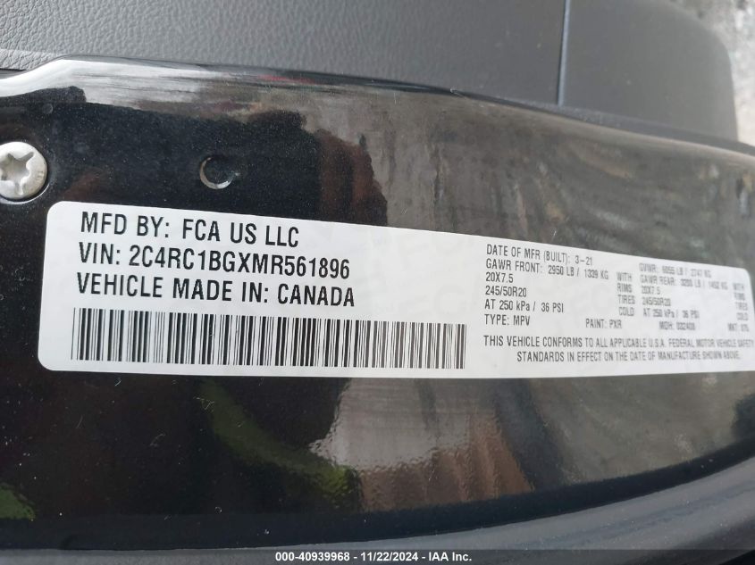 2021 Chrysler Pacifica Touring L VIN: 2C4RC1BGXMR561896 Lot: 40939968